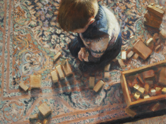 Painting of young boy and wooden blocks