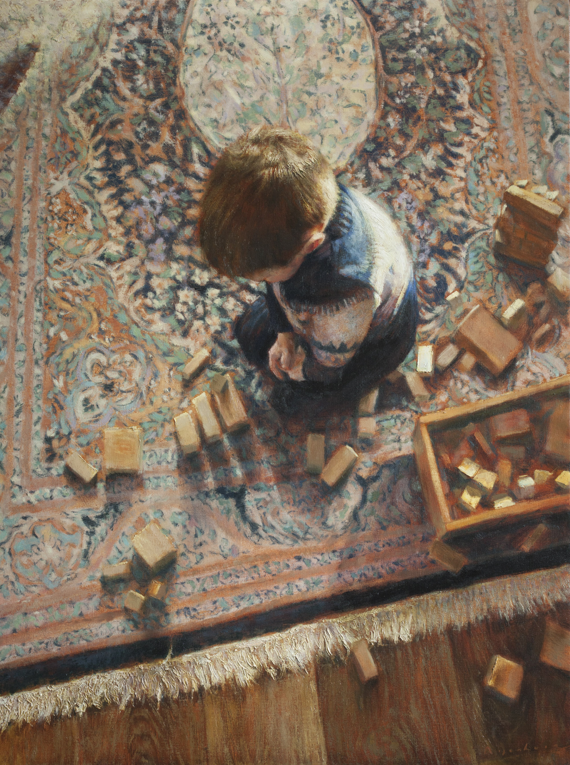 Painting of young boy and wooden blocks